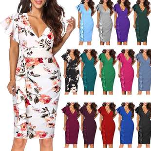 2024女式荷叶边袖V领中长正式派对铅笔裙鸡尾酒礼服women clothes