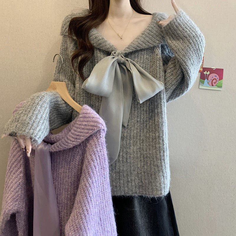 实拍大码女装冬装新款宽松显瘦法式蝴蝶结套头毛衣软糯针织衫上衣