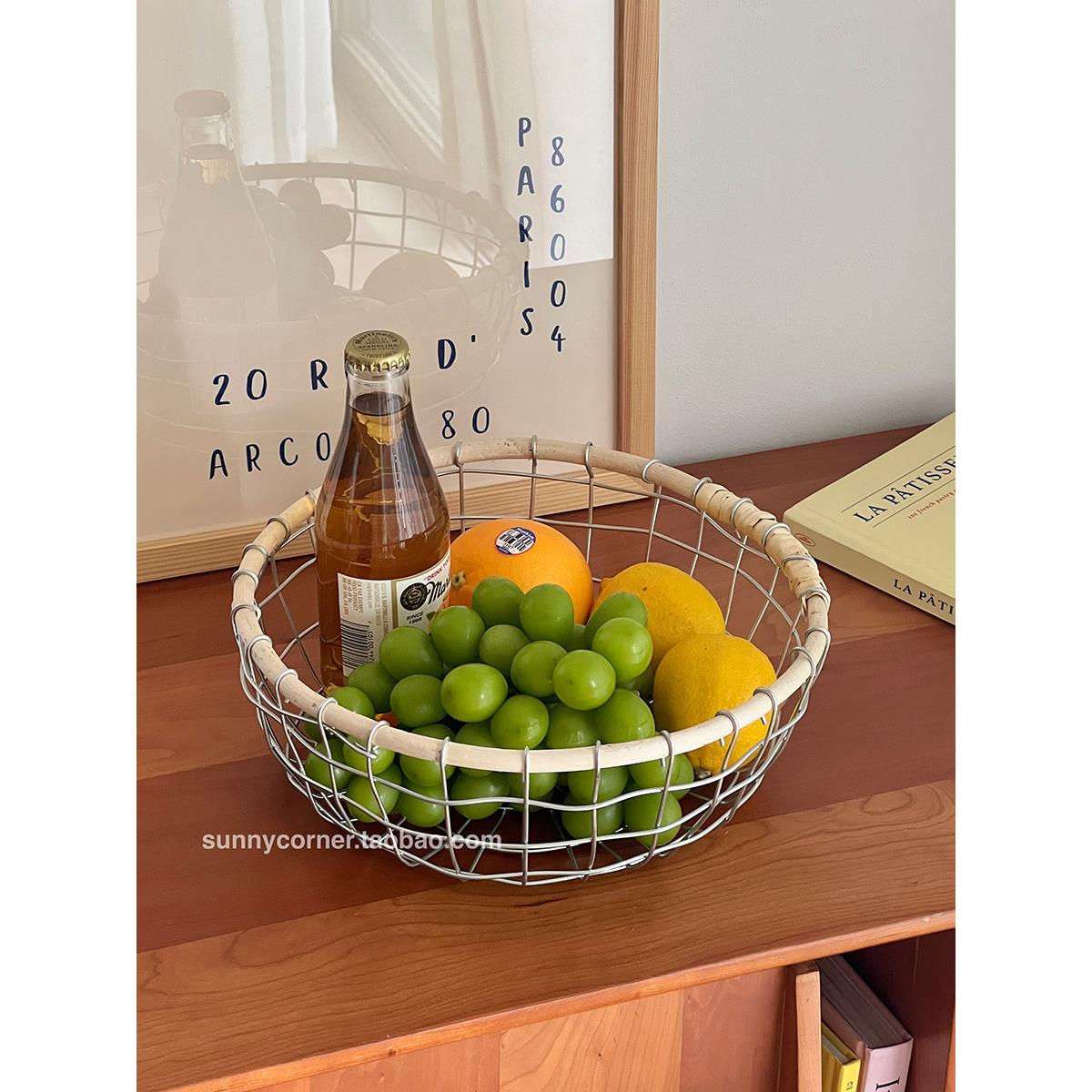 田园风桌面杂物铁艺收纳篮子手工编织水果篮收纳筐零食面包陈列篮