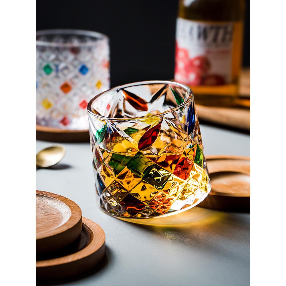 旋转底座不倒翁摇摇解压杯水晶玻璃杯威士忌酒杯洋酒啤酒杯高级感