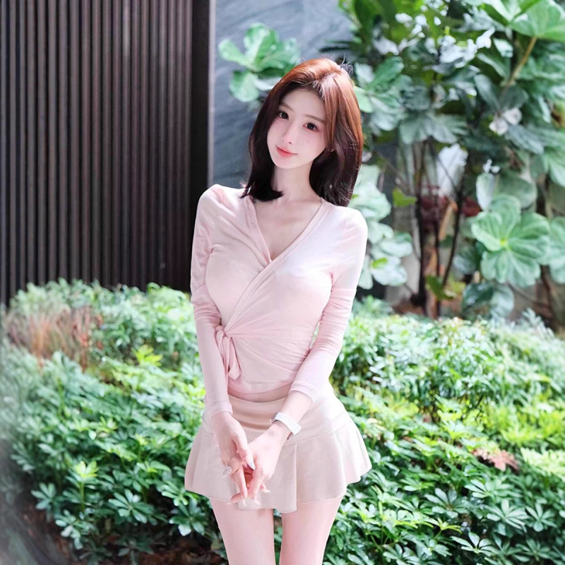 早秋韩系粉色绑带短上衣