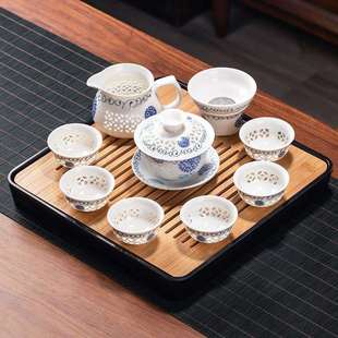家用客厅陶瓷盖碗茶壶泡茶用品 工厂26X8玲珑镂空蜂窝茶具套装