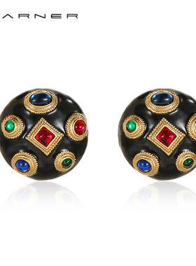 Joseph Warner中古耳钉vintage轻奢宝石耳饰女夸张圆形黑色大耳环