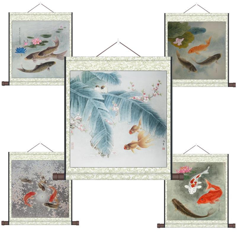 名家工笔花鸟荷花鲤鱼图微喷宣纸卷轴挂画斗方画卧室客厅装饰挂画图片