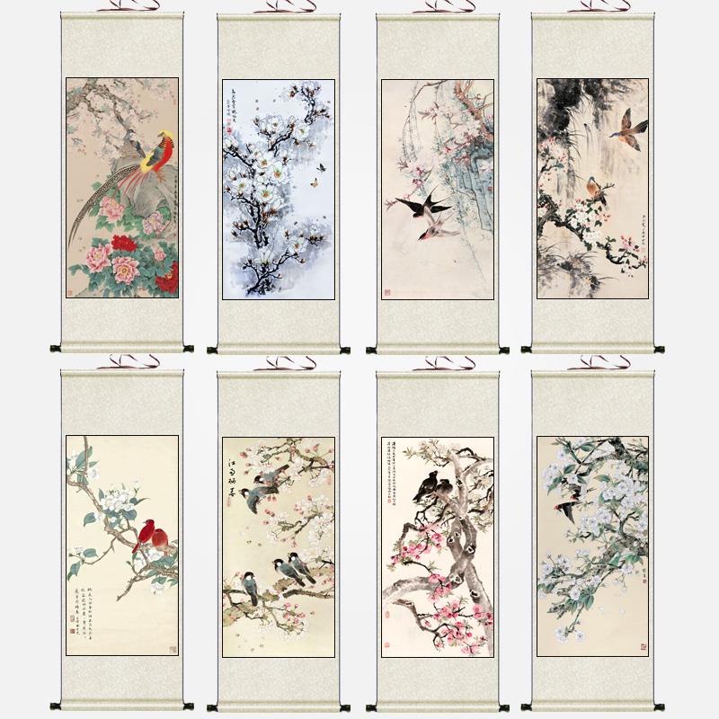 梨花蝴蝶飞燕锦鸡花鸟画卧室客厅装饰画丝绸卷轴画书房国画风水画图片