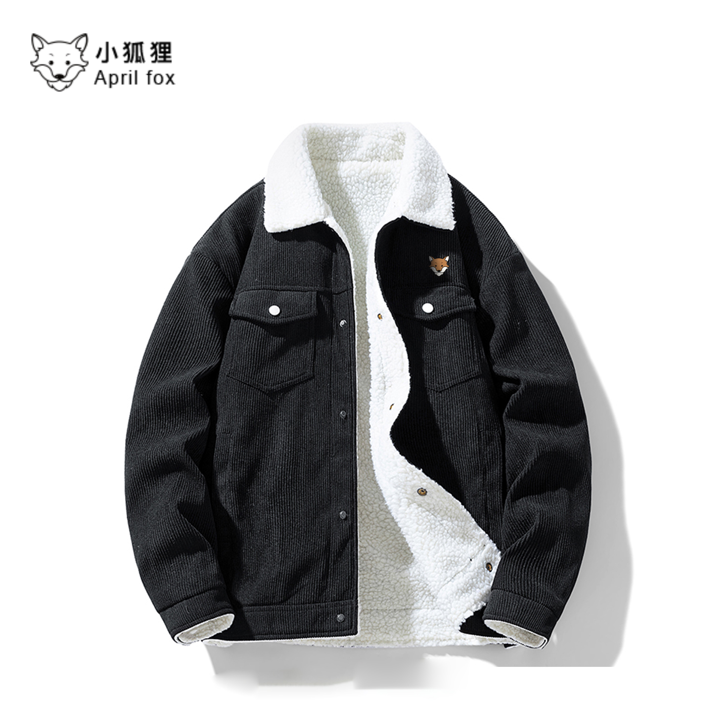 小狐狸黑色休闲灯芯绒夹棉服外套男士秋冬新款羊羔绒加厚保暖棉衣