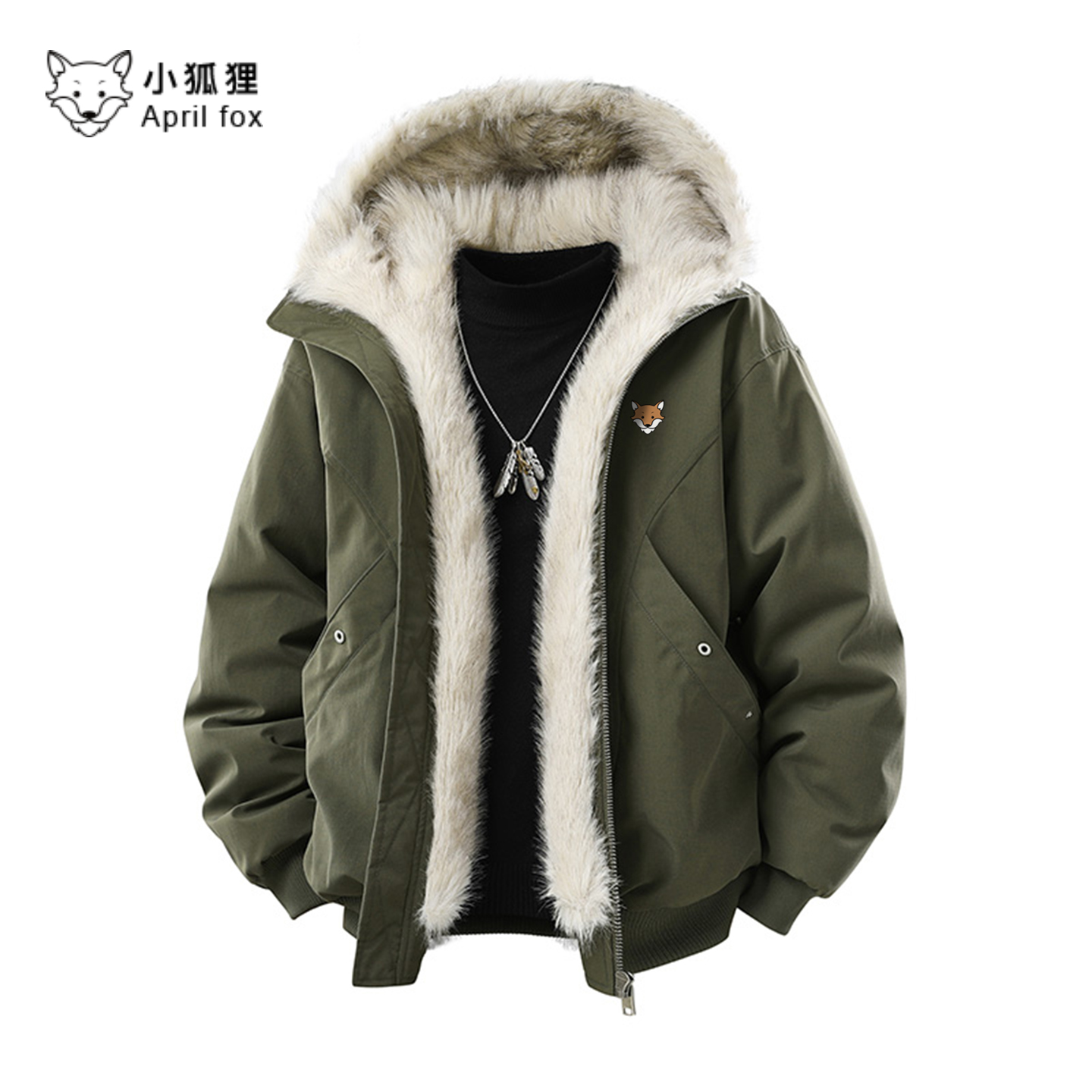 小狐狸美式座山雕军绿色连帽毛领外套男冬季休闲加厚保暖棉服外穿