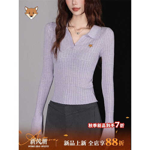 英国April Fox小狐狸翻领长袖T恤女秋美式小个子修身显瘦收腰上衣