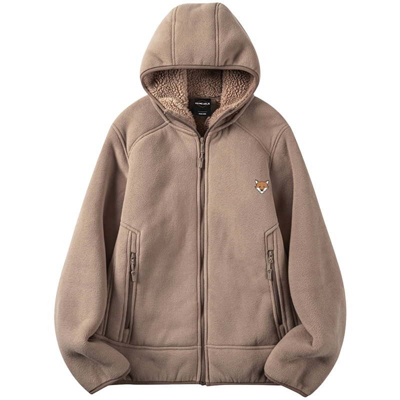 小狐狸重磅摇粒绒拉链卫衣男士秋冬季复古加绒连帽外套情侣口袋