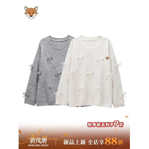英国April Fox小狐狸美式圆领长袖毛衣女秋甜美宽松针织上衣