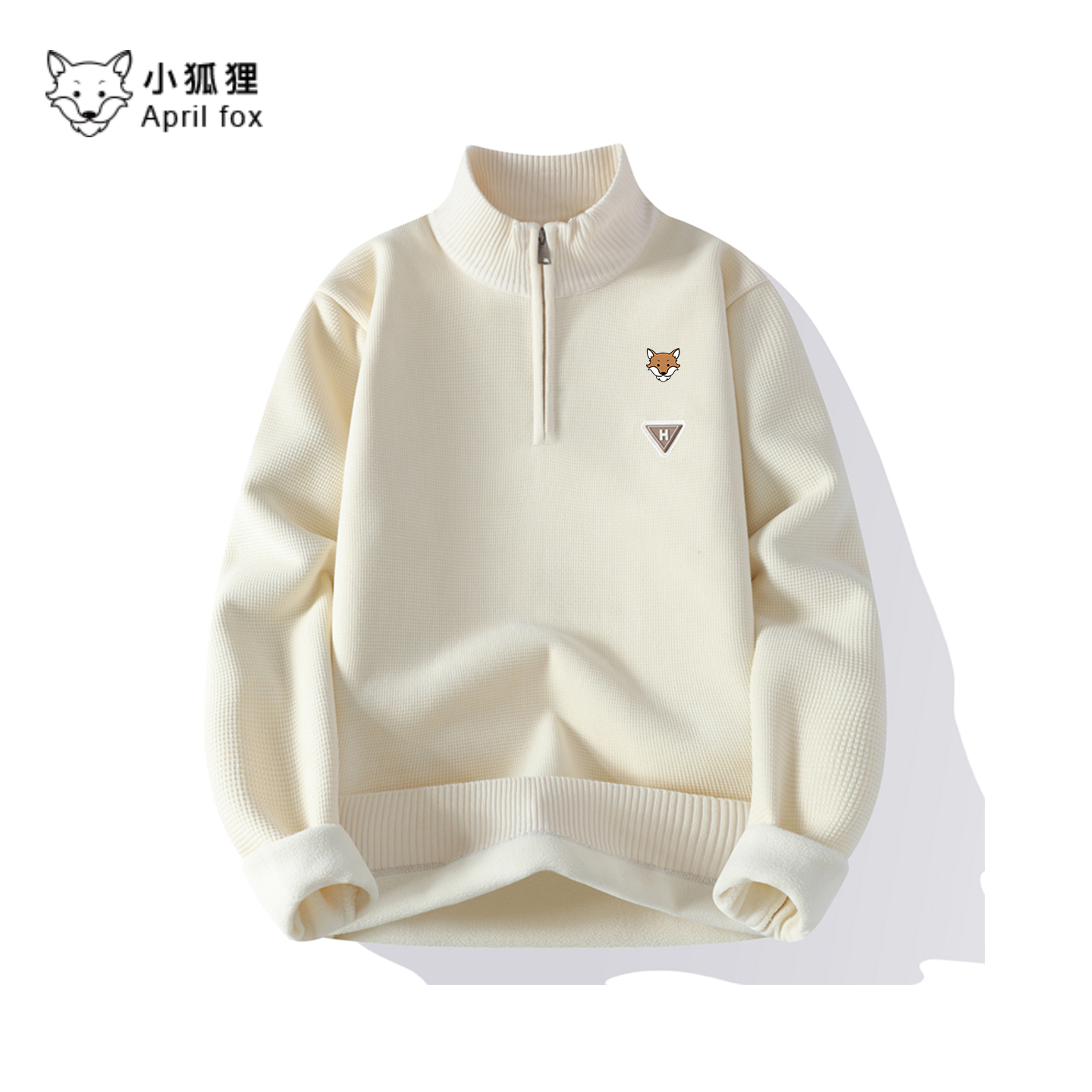 小狐狸立领毛衣冬季加绒加厚华夫格青少年半拉链一体绒打底针织衫