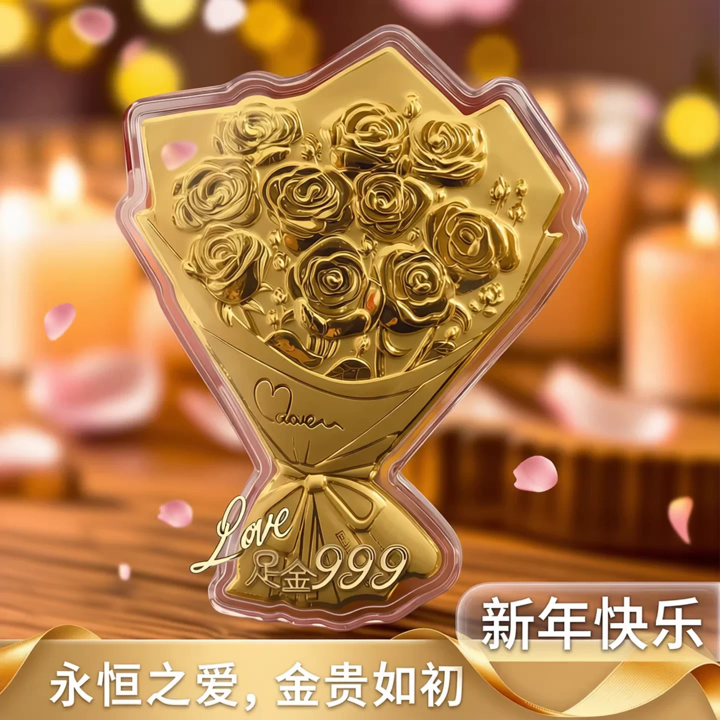 黄金玫瑰花999金片生日蛋糕黄金摆件手捧花生日礼物520送女朋友