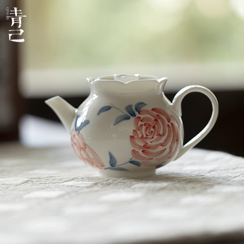 青己玉泥白瓷手绘玫瑰花口茶壶功夫茶具家用球孔过滤手执壶小壶