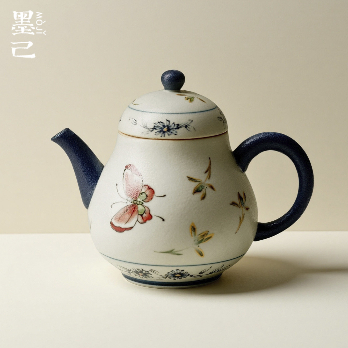 墨己青花火石红描金蝴蝶兰花陶瓷茶壶功夫茶具球孔过滤家用手执壶