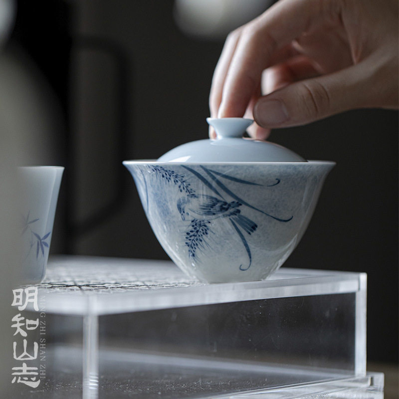 明知山志 晴山蓝莺歌燕舞知隐盖碗 手绘花鸟陶瓷茶碗功夫茶具盖碗