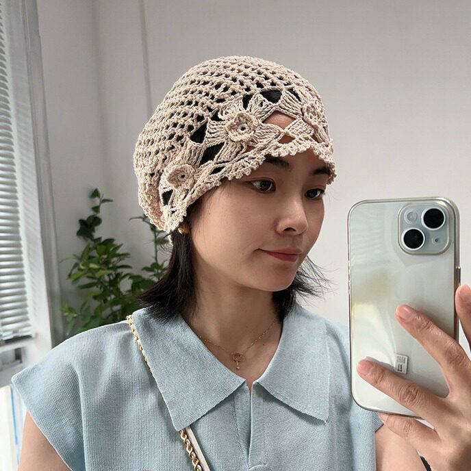 手作好物棉线手工钩堆堆帽女文艺森系贝雷帽画家帽