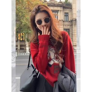 红色系穿搭小马提花羊绒厚毛衣女秋冬慵懒宽松可外穿内搭针织上衣