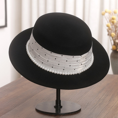 法式优雅珍珠波点羊毛平顶帽女秋冬气质平沿礼帽时尚百搭毛呢毡帽