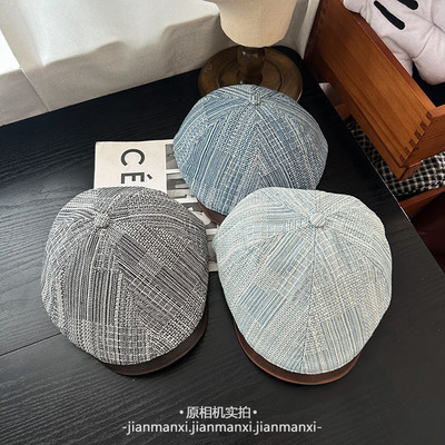 复古拼接皮质帽檐牛仔前进帽女新款文艺休闲百搭画家帽鸭舌报童帽