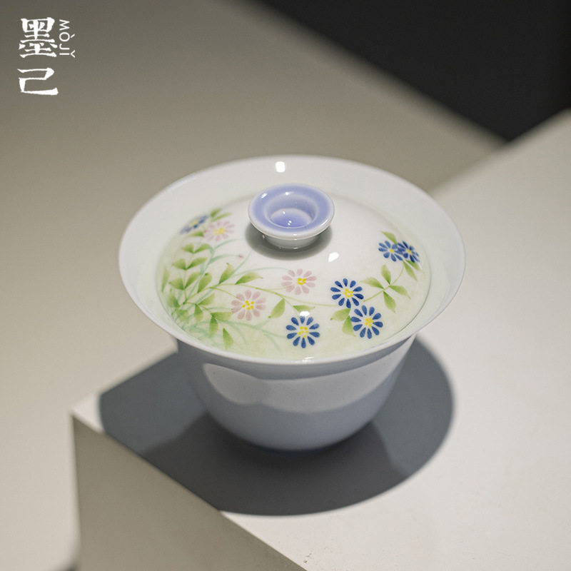 墨己晴山蓝手绘野菊赋陶瓷盖碗功夫茶具家用薄胎防烫彩绘泡茶碗