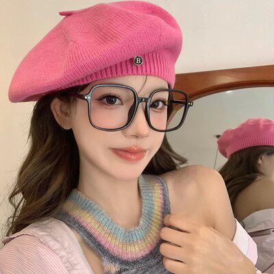 璐兮玫红色针织贝雷帽女网红ins薄款透气韩版大头显脸小蓓蕾南瓜