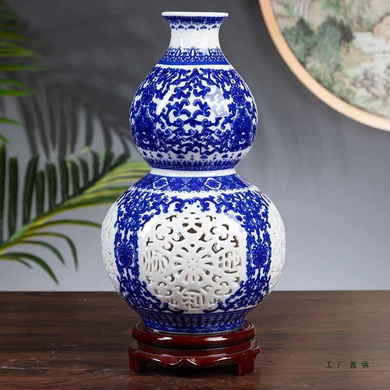 现代简约景德镇青花玲珑陶瓷摆件玄关酒柜客厅花瓶插花富贵竹养花