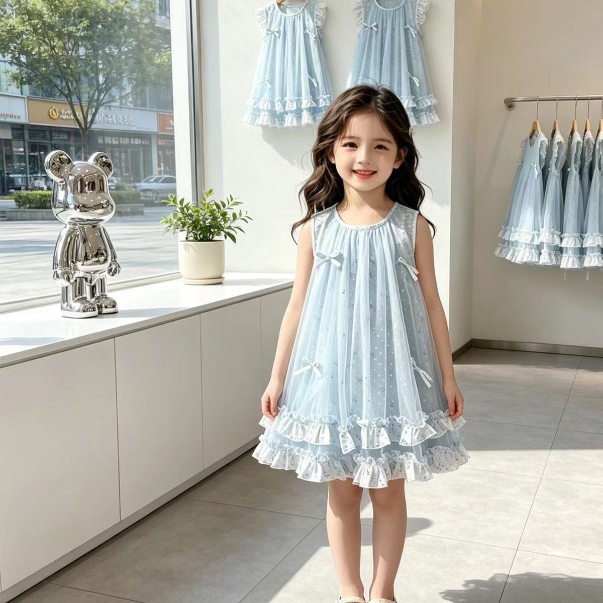 蕾丝棉连衣裙女童夏装儿童公主网纱蝴蝶结洋气甜美无袖连衣公主裙