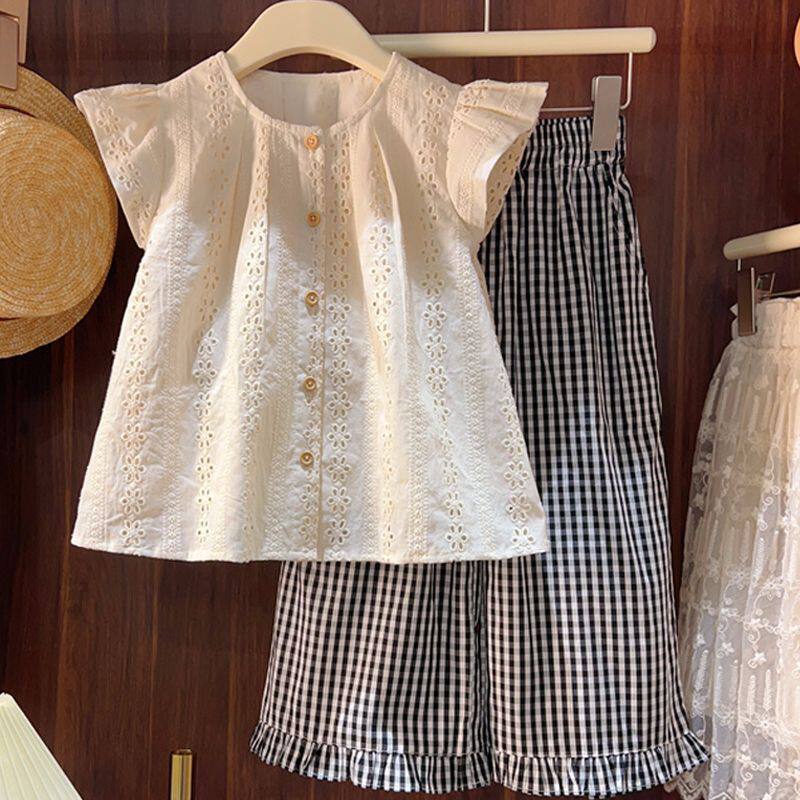 女童夏季套装2026新款洋儿童气短袖娃娃衬衫格子中大童时髦两件套