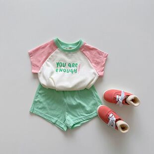 儿童套装夏季新款小清新女宝宝短袖+短裤撞色休闲两件套