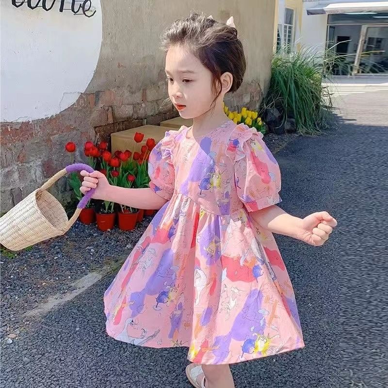 女童夏装粉色连衣裙2025新款甜美卡通连衣裙洋气花边泡泡袖公主裙