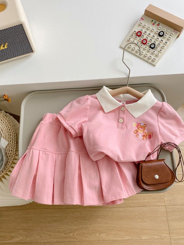 女童夏装套装2025新款洋气儿童学院风jk百褶裙短袖上衣两件套夏季