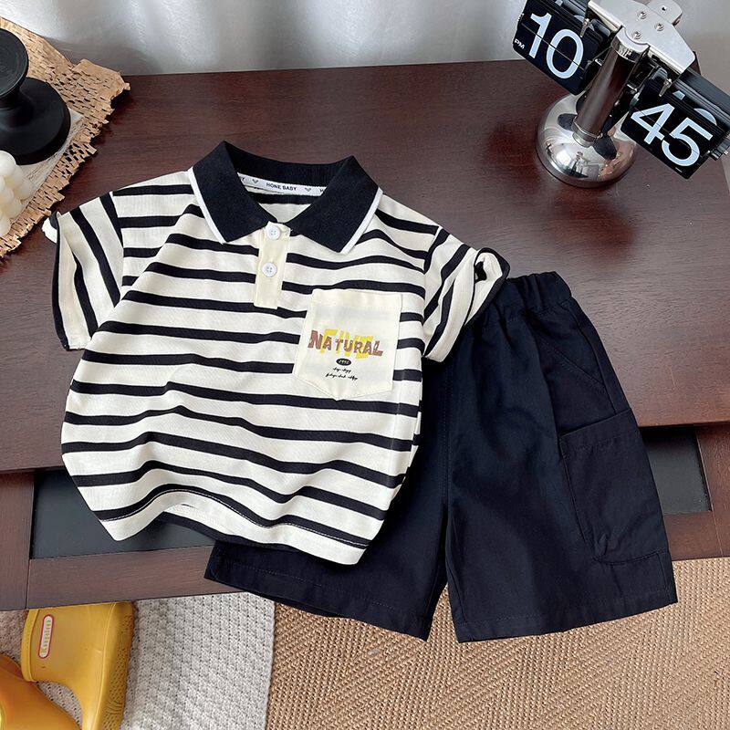 男童童装套装2026新款洋气短袖夏季宝宝儿童夏装条纹衣服两件套