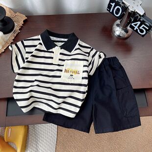 男童童装套装2026新款洋气短袖夏季宝宝儿童夏装条纹衣服两件套