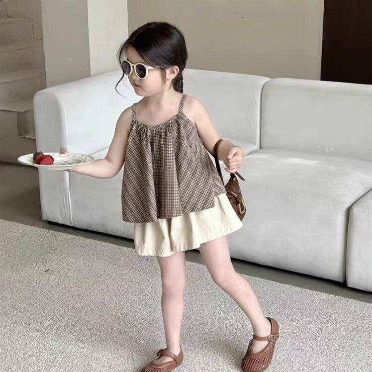 女童吊带格子套装夏装2026新款韩版夏季洋气宝宝背心儿童两件套