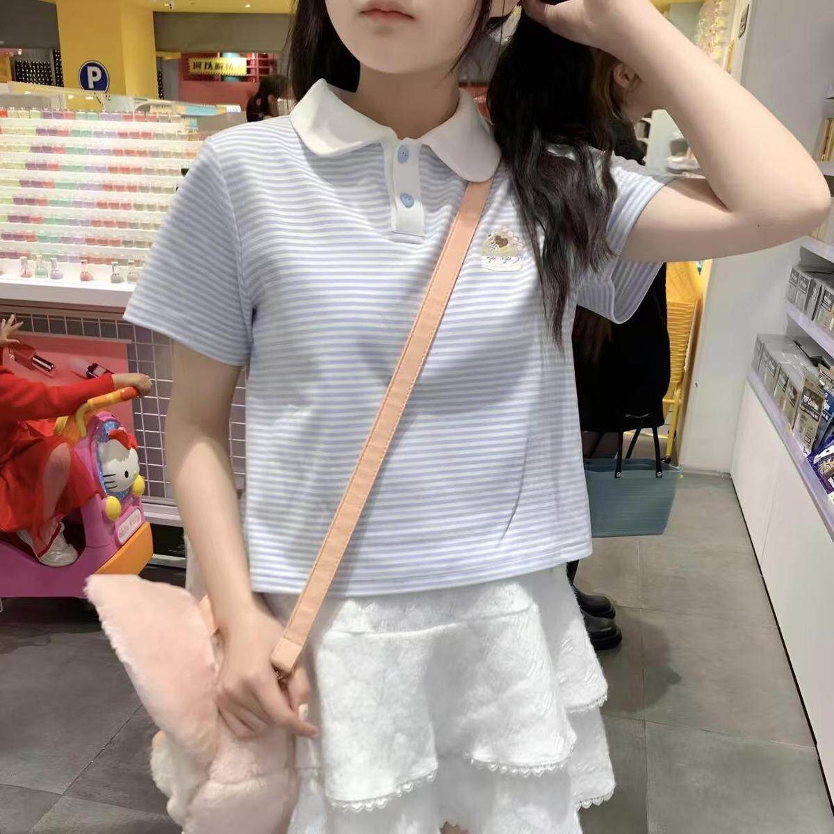 中大童polo衫韩版夏季新款学院风条纹T恤女童甜美翻领刺绣上衣潮