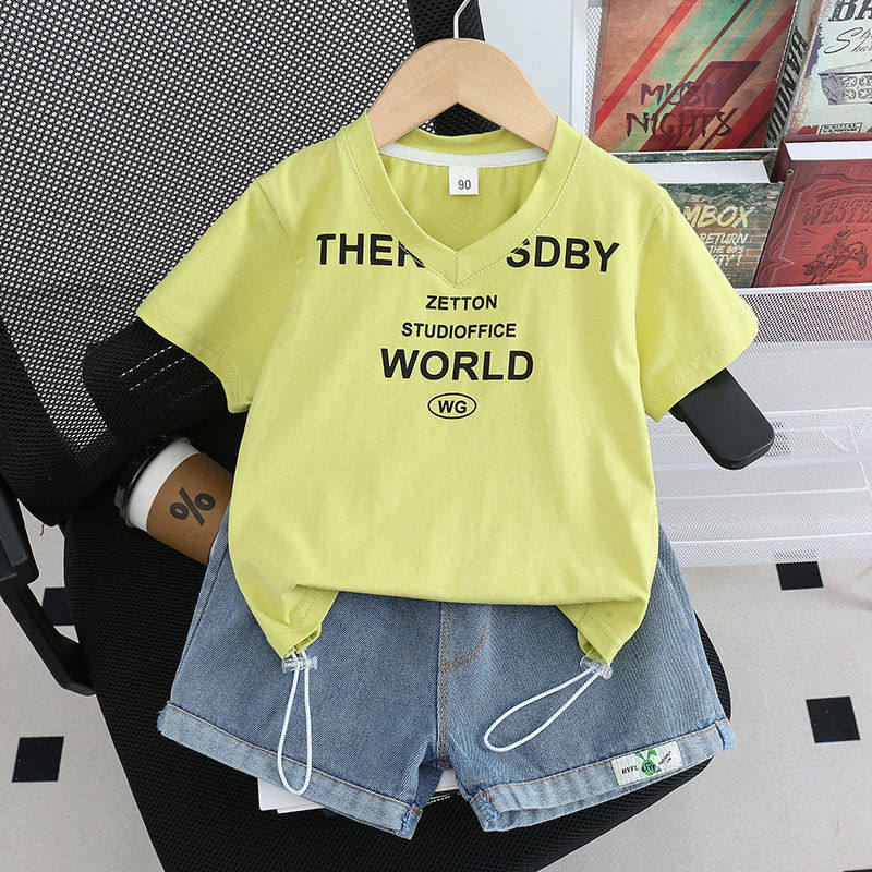 女童夏装套装2025新款洋气儿童V领短袖上衣牛仔短裤两件套夏季潮