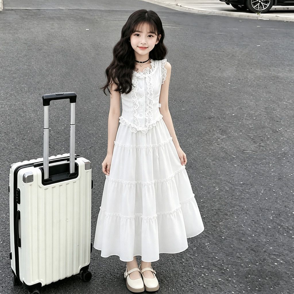 女童背心套装夏季新款白色蕾丝吊带长裙显瘦百搭修身裙子两件套