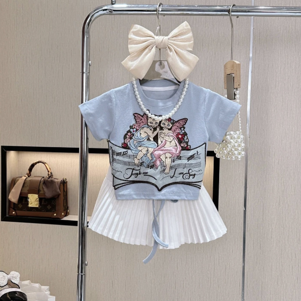 女童套装2026新款夏季时髦短袖T恤压褶半身裙儿童甜美百褶两件套