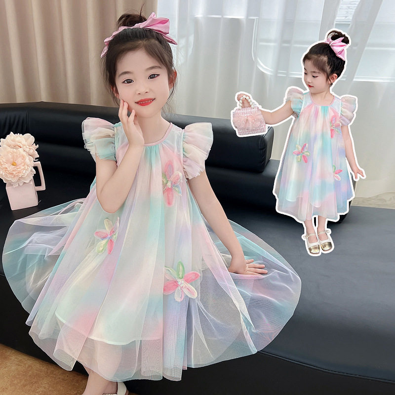 女童连衣裙彩虹裙夏季2024裙子中大童夏装洋气公主裙宝宝纱裙爆款
