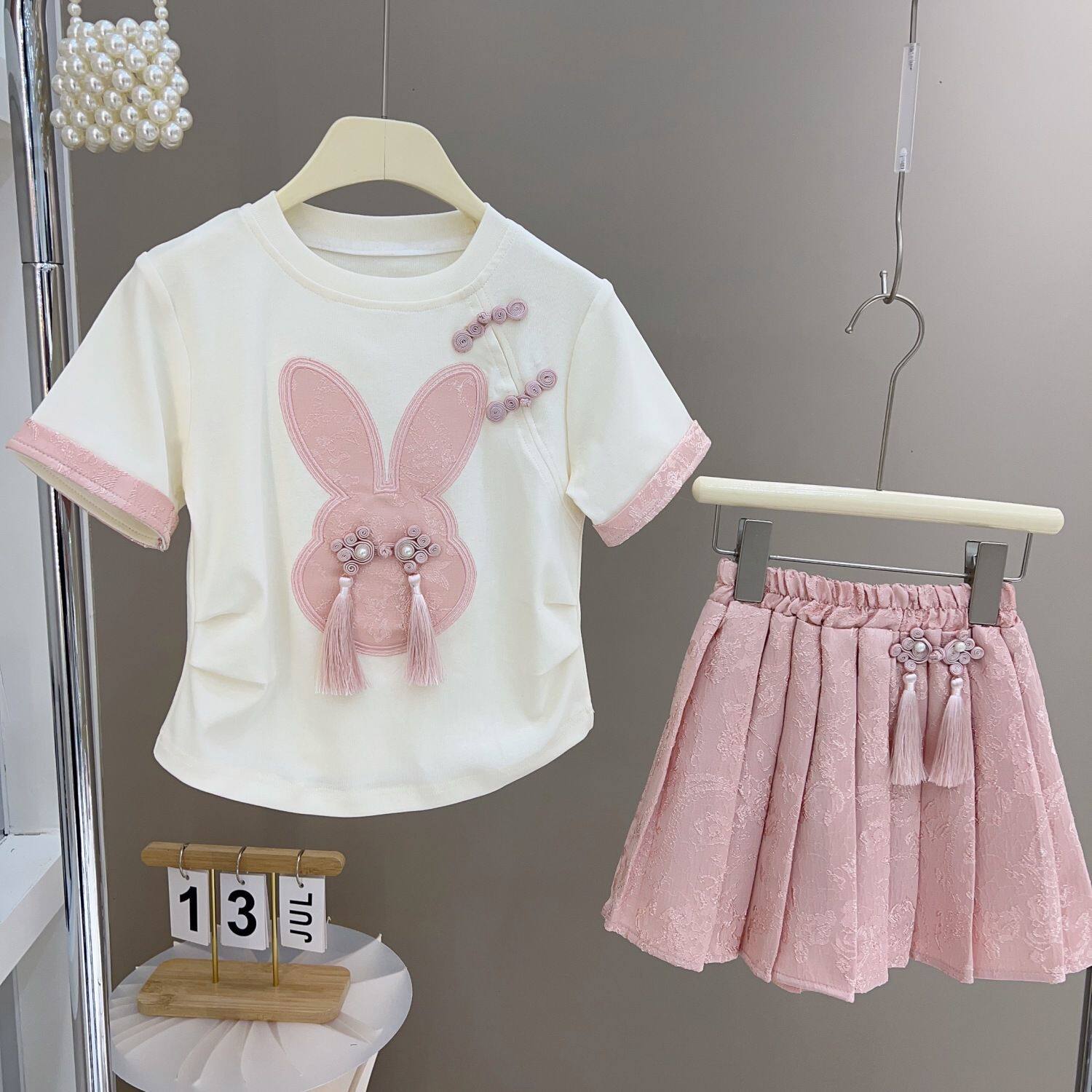 女童套装2026新款夏季儿童洋气时髦短袖T恤国风半裙中大童两件套