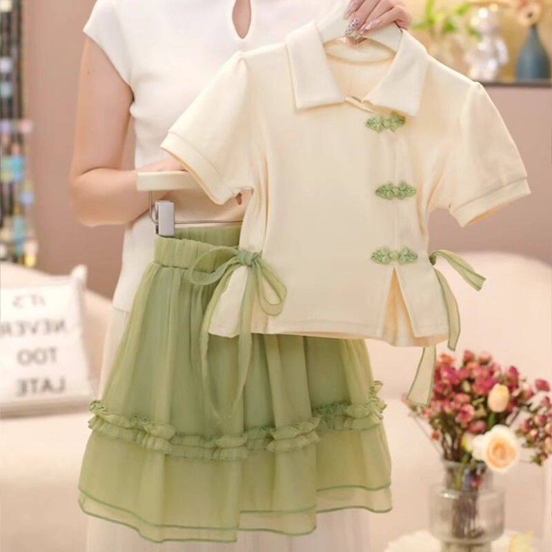 女童套装2026新款夏季儿童时髦新中式短袖T恤百褶裙中大童两件套