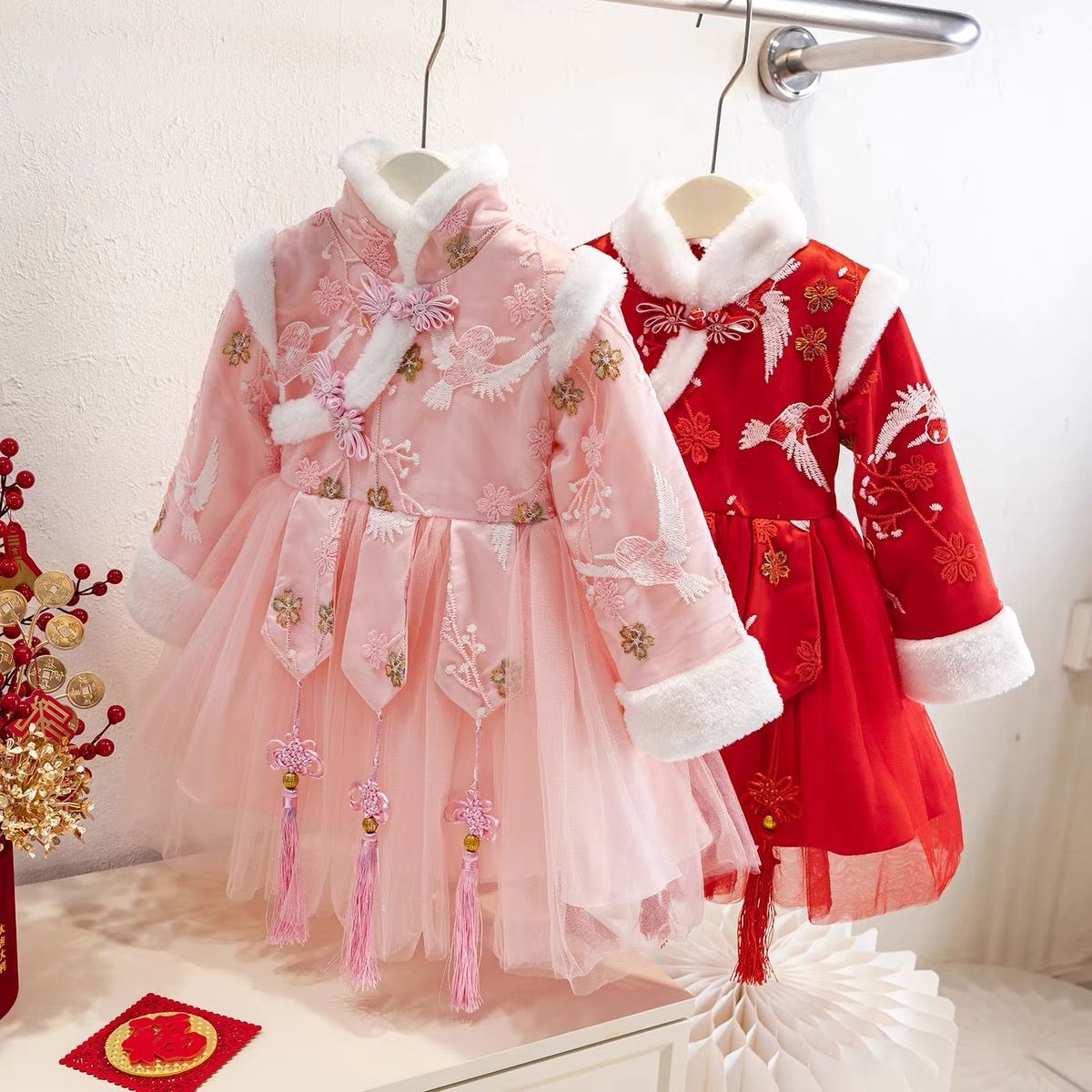 汉服儿童女旗袍连衣裙加绒中国风唐装冬款汉服女宝宝过年喜庆衣服