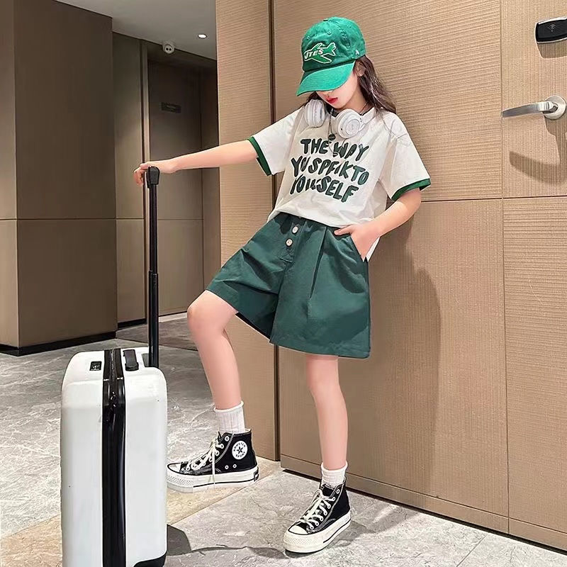 女童套装2025夏季新款韩版短款字母印花短袖休闲夏装儿童两件套潮