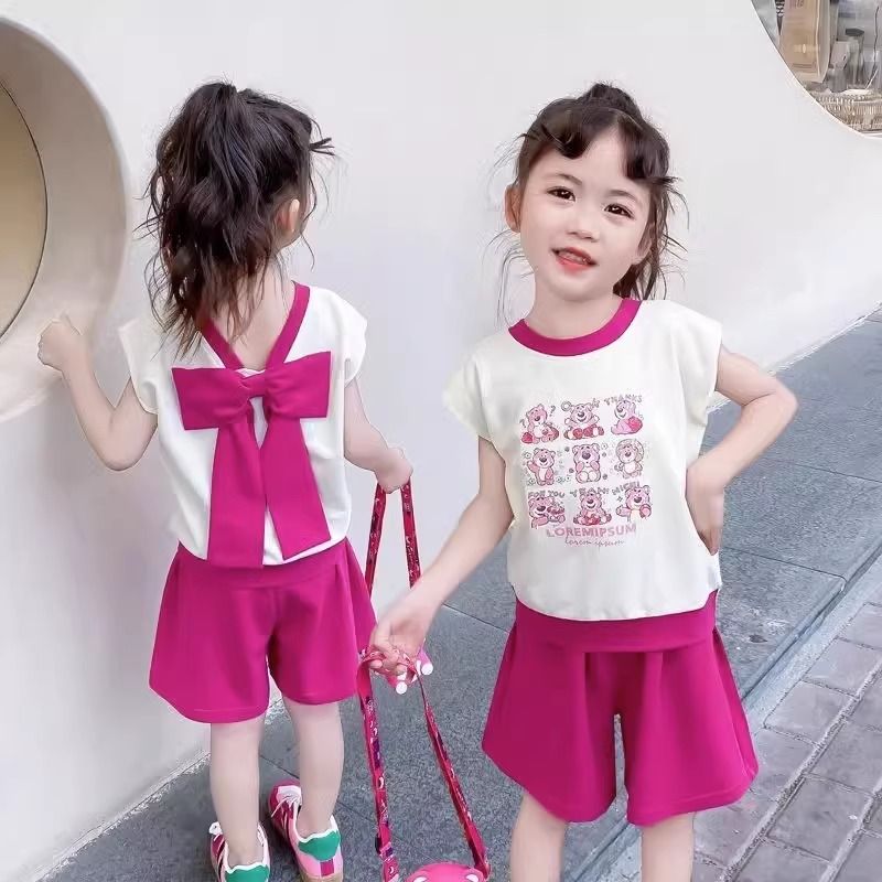 女童套装夏季2025新款洋气儿童蝴蝶结时尚中大童女宝短袖两件套装