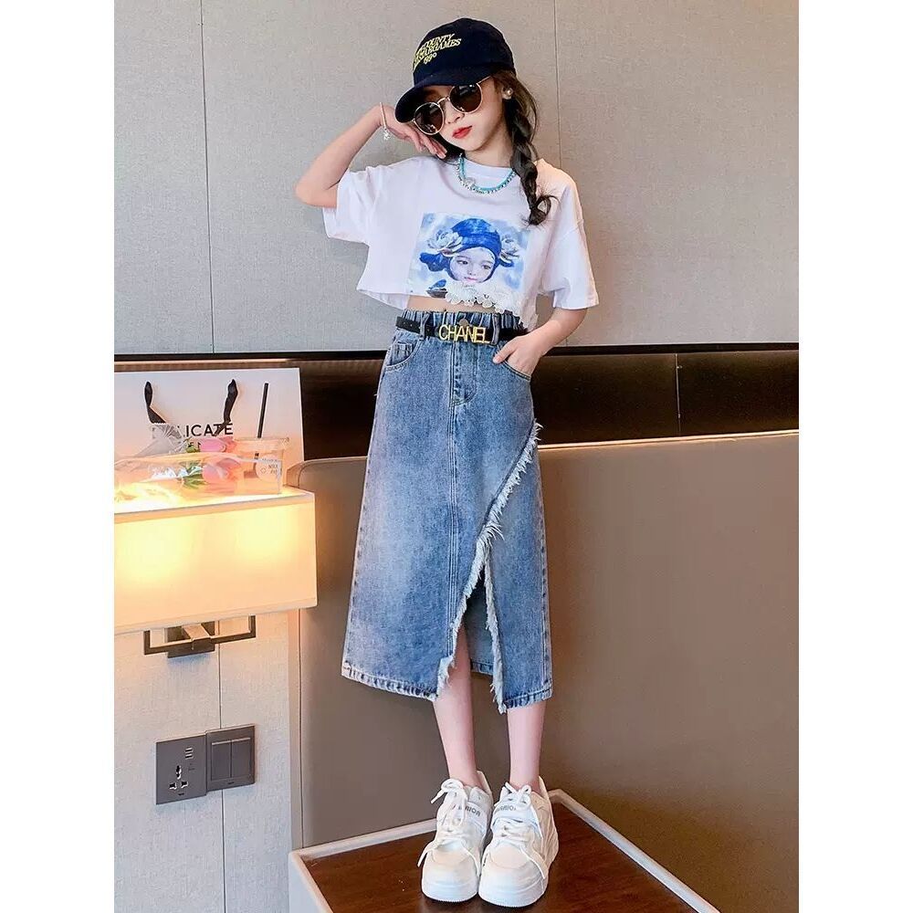 女童夏装套装新款洋气童装中大童夏季时髦儿童牛仔半身裙两件套潮