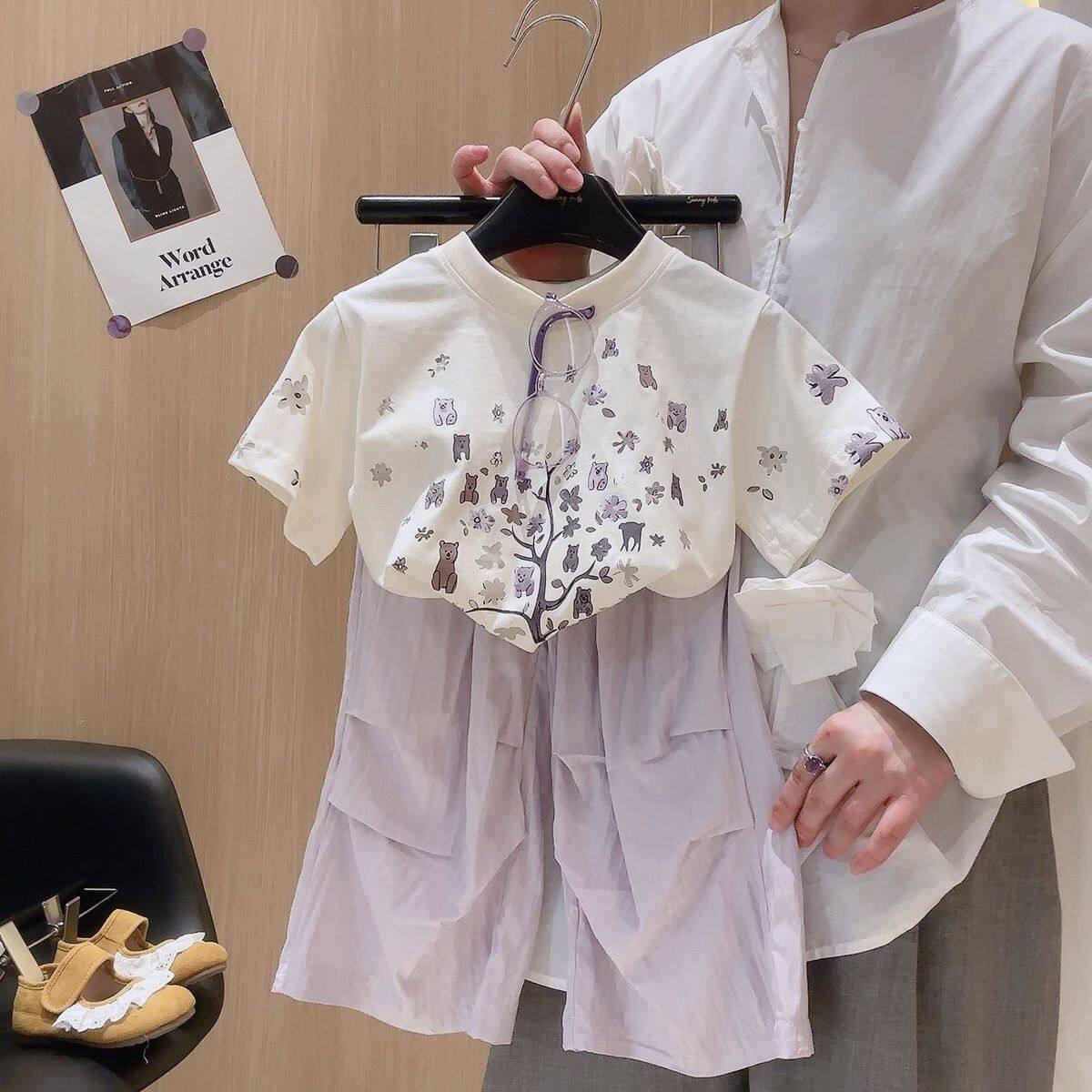 亲子装夏季女童韩系套装卡通纯棉印花短袖冰皮阔腿休闲裤两件套潮