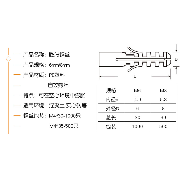 。膨胀管膨胀螺丝方形胶塞白色胶粒带刺PE透明塑料方型膨胀管6/8m