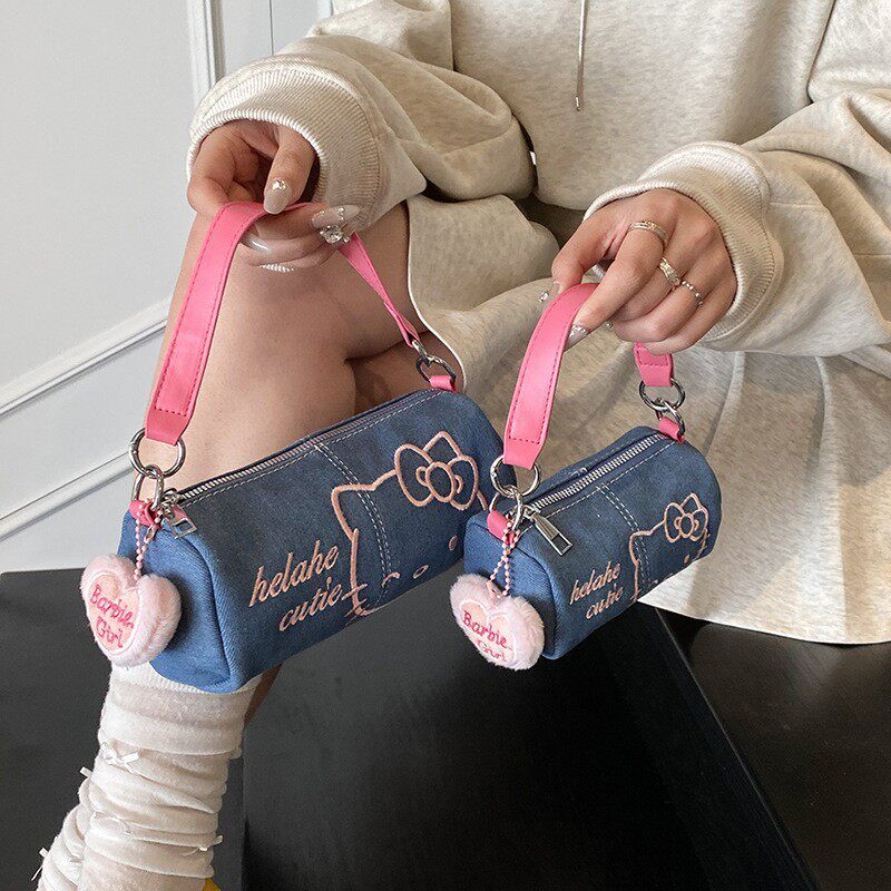 迷你圆筒包包手拎手提可爱亲子猫小包牛仔刺绣高颜值斜挎包