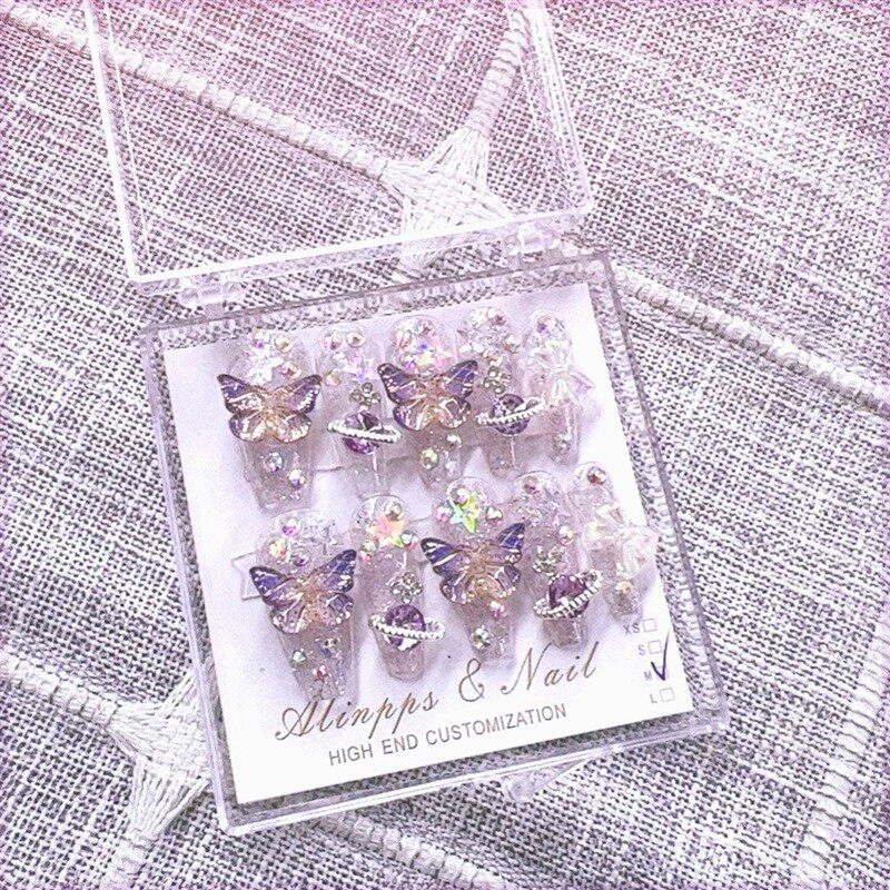 纯手工新款轻奢紫色爆闪立体蝴蝶穿戴甲极光星球可拆卸超仙高级感