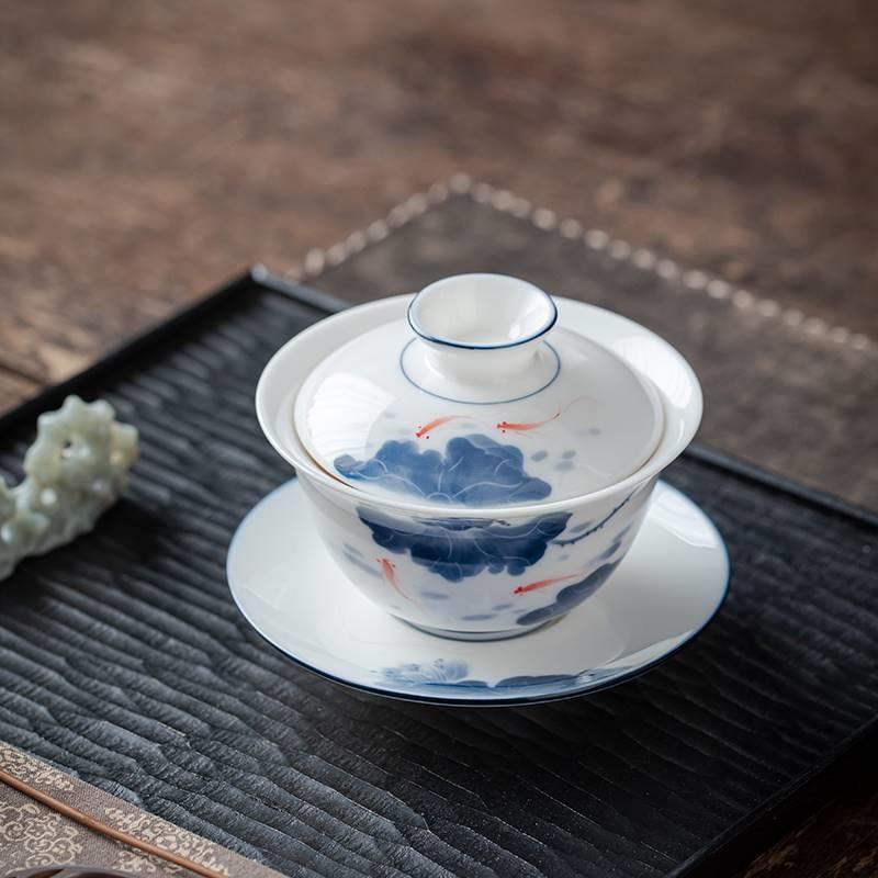 手绘羊脂玉三才盖碗白瓷泡茶杯单个高档茶具德化不烫手功夫敬茶碗